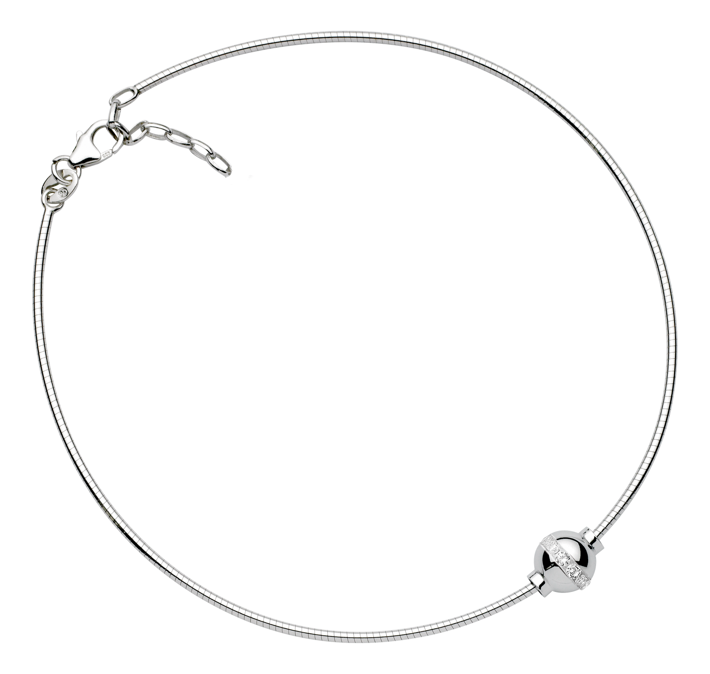 Sterling Silver Single Bead with Cubic Zirconia Cape Cod Anklet with Omega Chain
