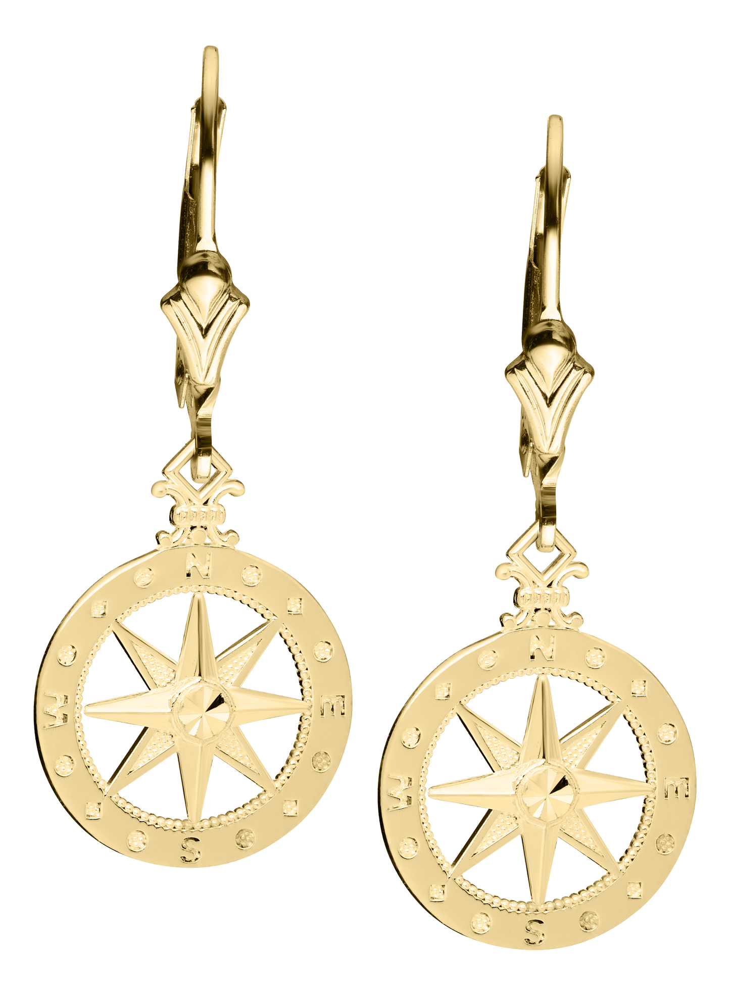 14K Gold Compass Rose Drop Earrings