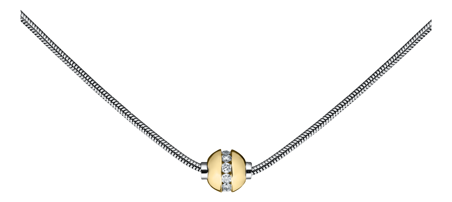 Sterling Silver and 14KT Yellow Gold with Genuine Diamond Single Bead Cape Cod Necklace with Snake Chain .33 TCW