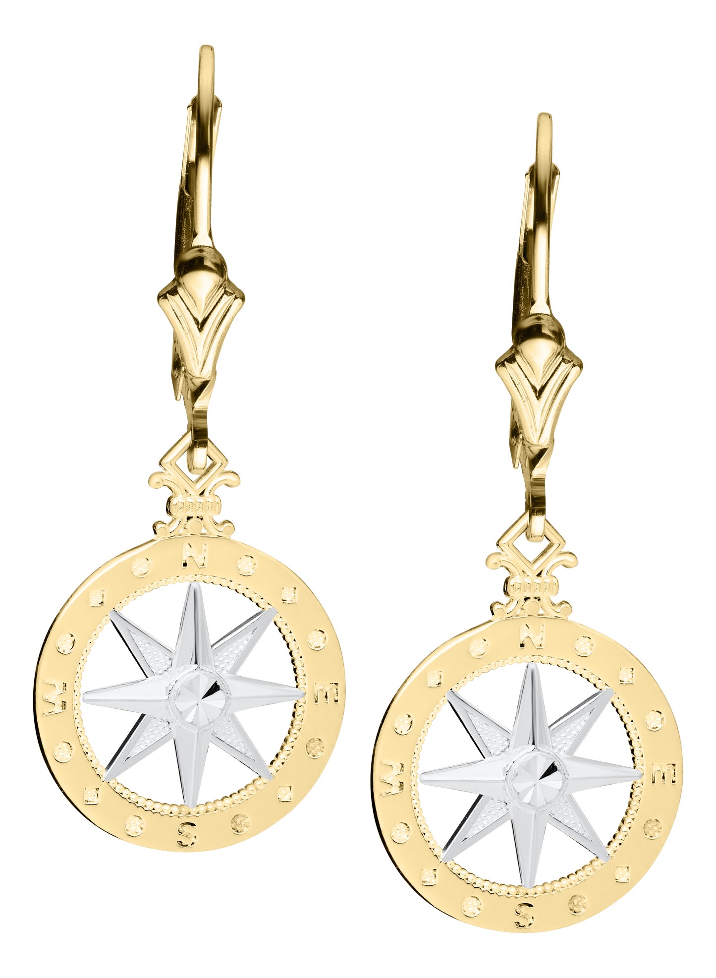 14K Two-tone Gold Compass Rose Drop Earrings