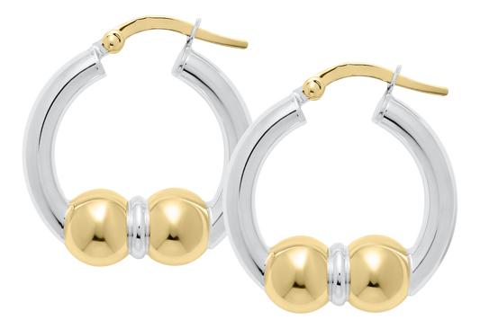 Sterling Silver and 14KT Yellow Gold 20mm Double Bead Cape Cod Hoop Earrings