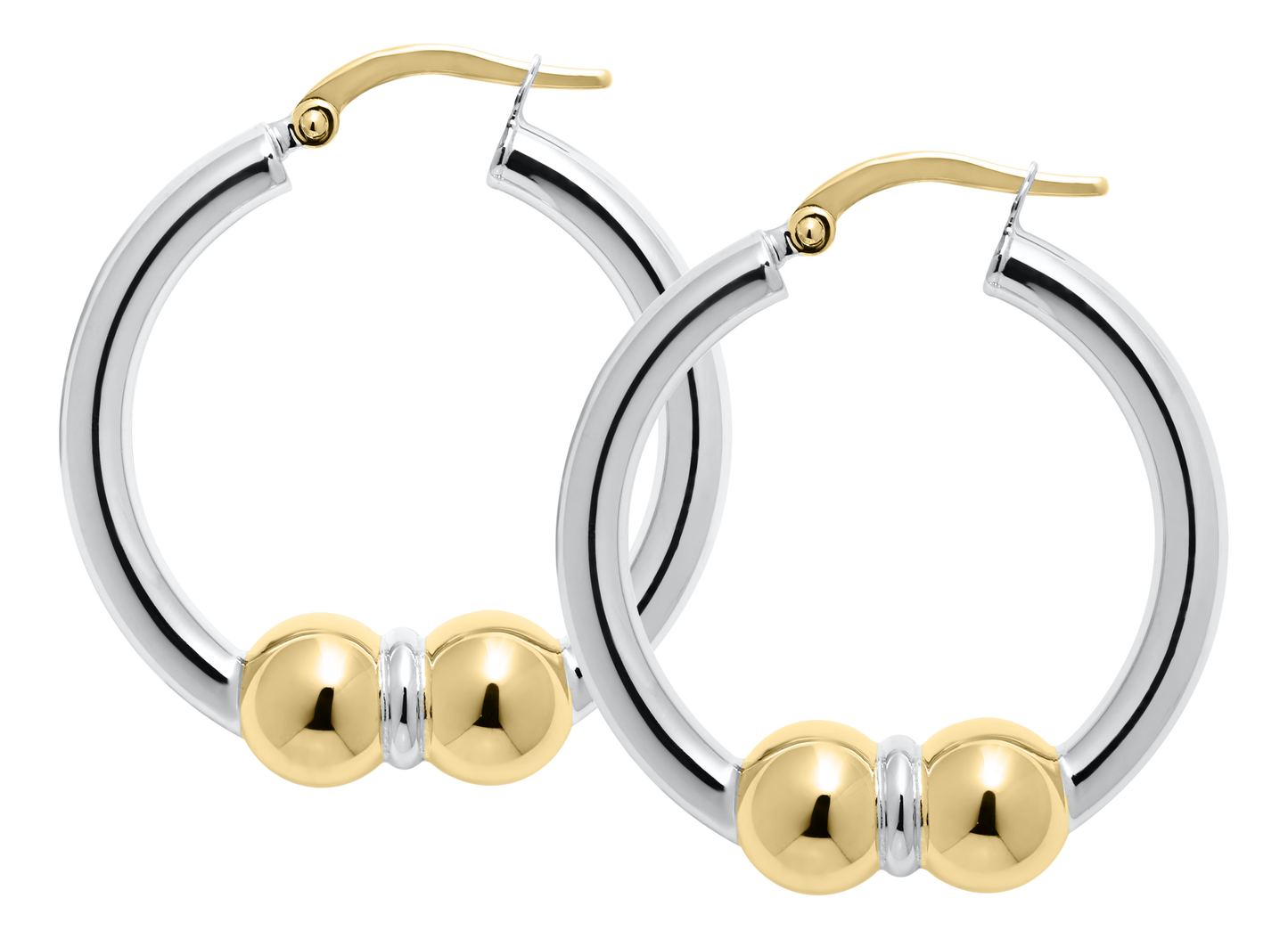 Sterling Silver and 14KT Yellow Gold 26mm Double Bead Cape Cod Hoop Earrings