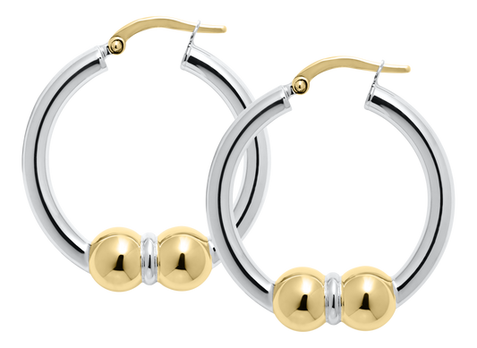 Sterling Silver and 14KT Yellow Gold 26mm Double Bead Cape Cod Hoop Earrings