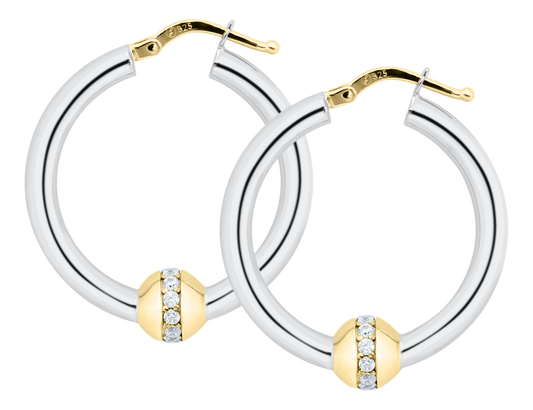 Sterling Silver and 14KT Yellow Gold 26mm Genuine Diamond Bead Cape Cod Hoop Earrings .38 TCW