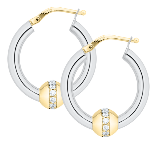 Sterling Silver and 14KT Yellow Gold 20mm Genuine Diamond Bead Cape Cod Hoop Earrings .38 TCW